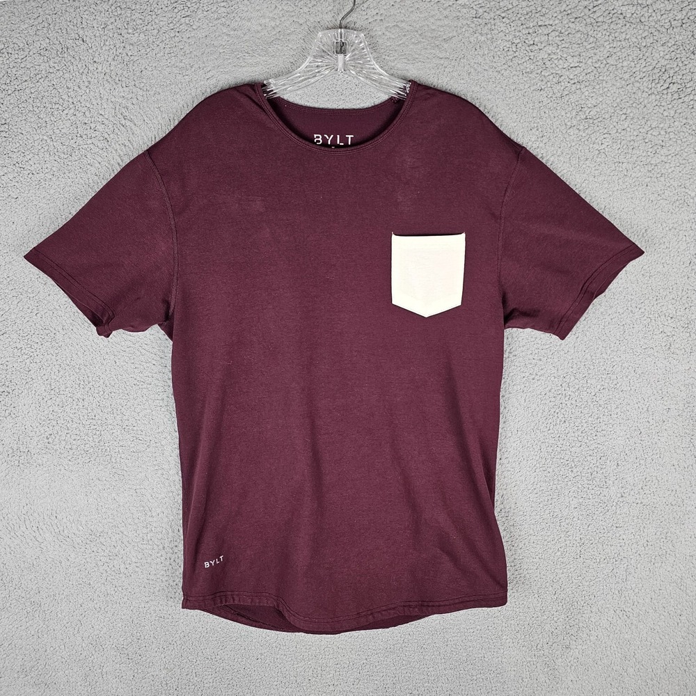 BYLT T-Shirt Mens Large Maroon Drop Cut Short Sleeve Curved Hem Pocket Stretch